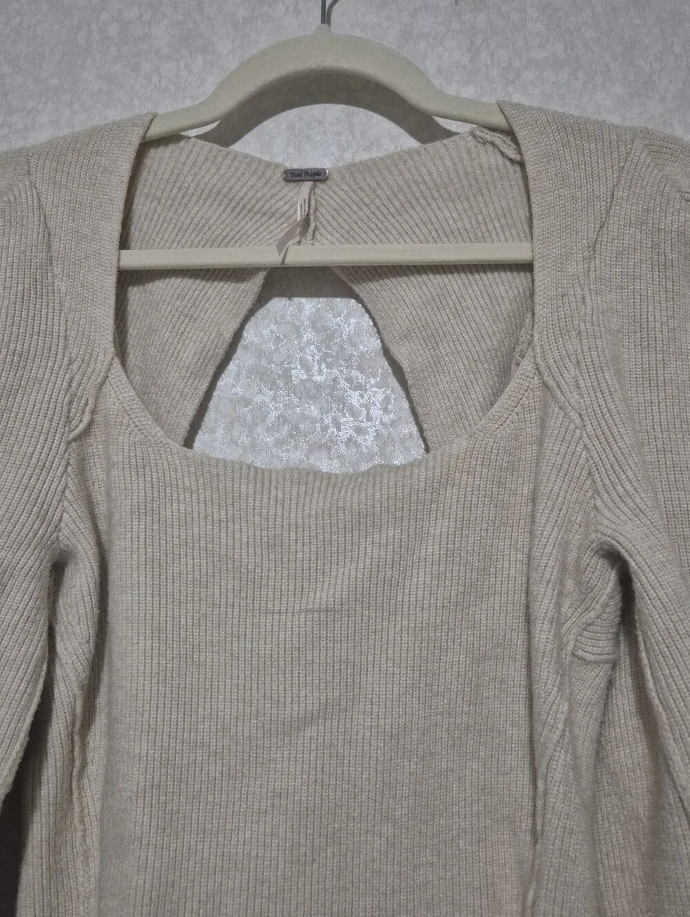Free People Cream Ribbed Open-Back Long Sleeve Top-S